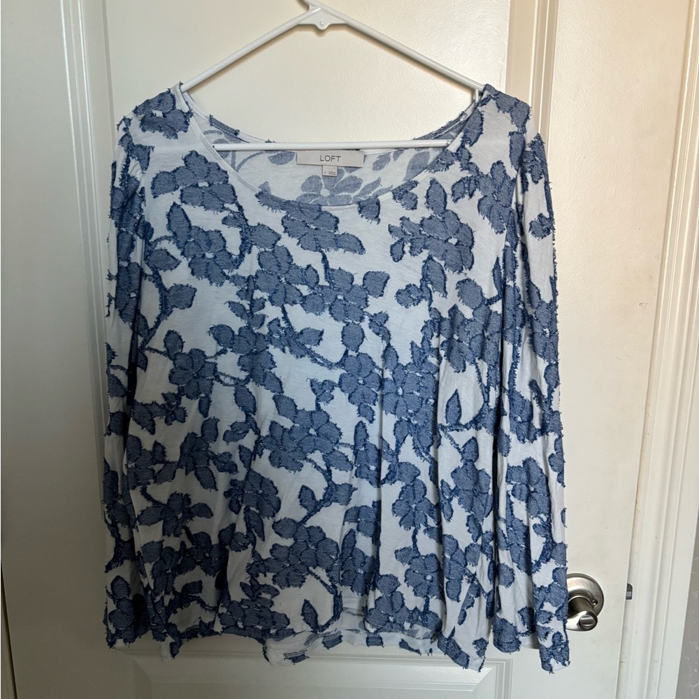 LOFT White Long Sleeve Tee with Blue Floral Applique